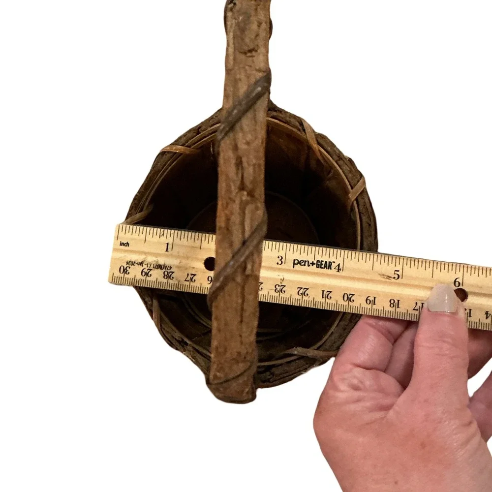 Vintage Rustic Tree Bark Basket‎ with Tall Handle 10.5 Inch Brown Woodland Decor